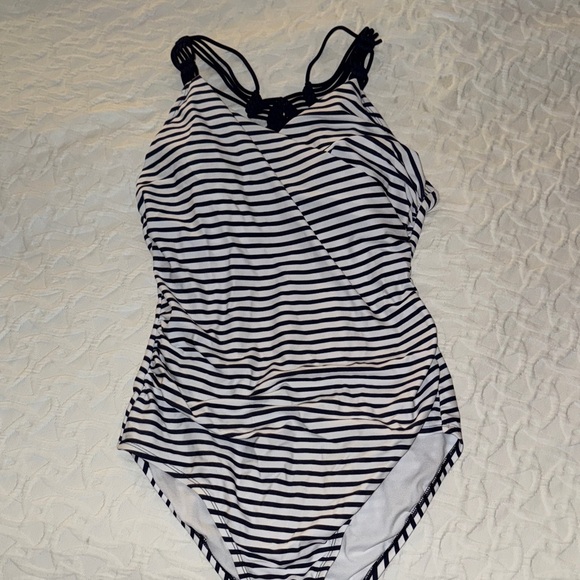 Kona Sol Black and White Striped bathing suit - Picture 1 of 4